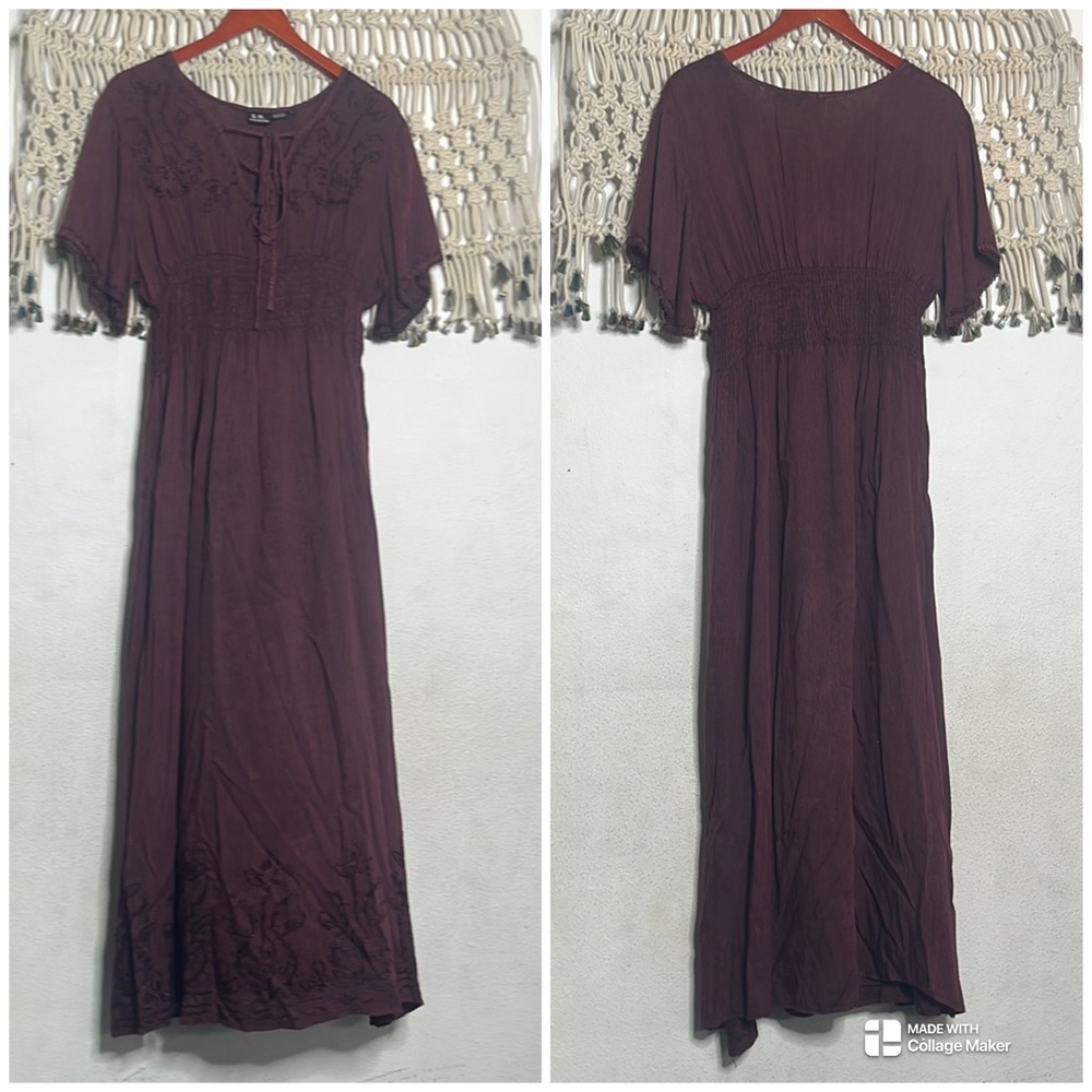 Vintage burgundy embroidered smocked maxi dress